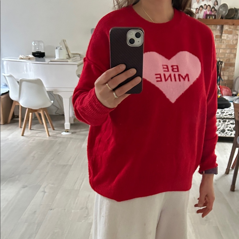 CeCe Red Sweater with Pink Heart Graphic